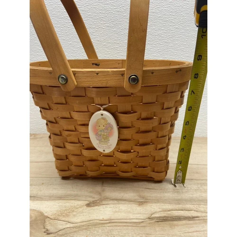 Precious Moments Double Folding Handle Wooden Basket With Porcelain Ornament